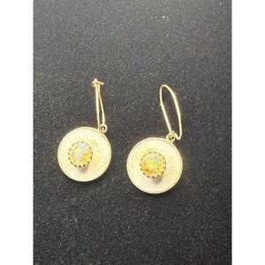 Vintage Gold Tone Drop Earrings With Iridescent Crystal Center